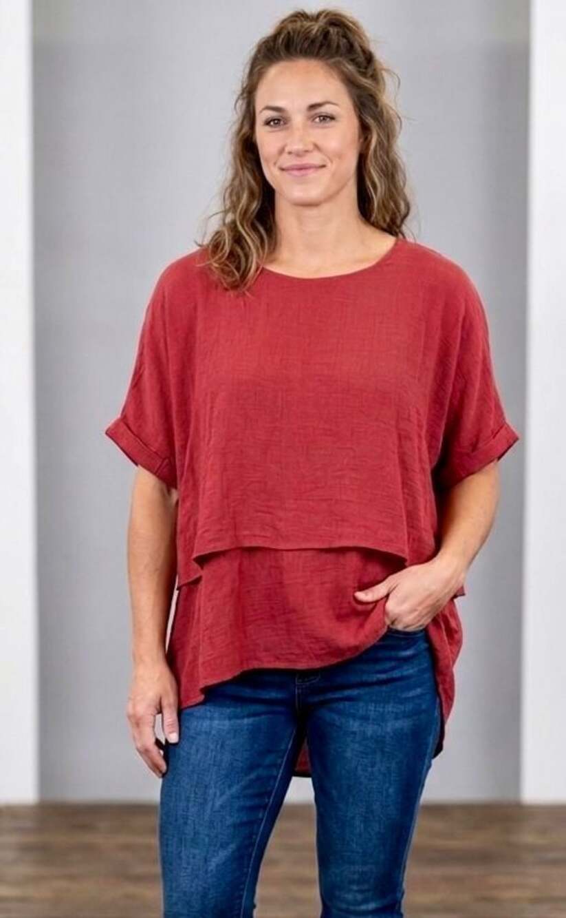 Umgee USA Layered Cuffed 1/2 Sleeve Tunic Blouse in Red